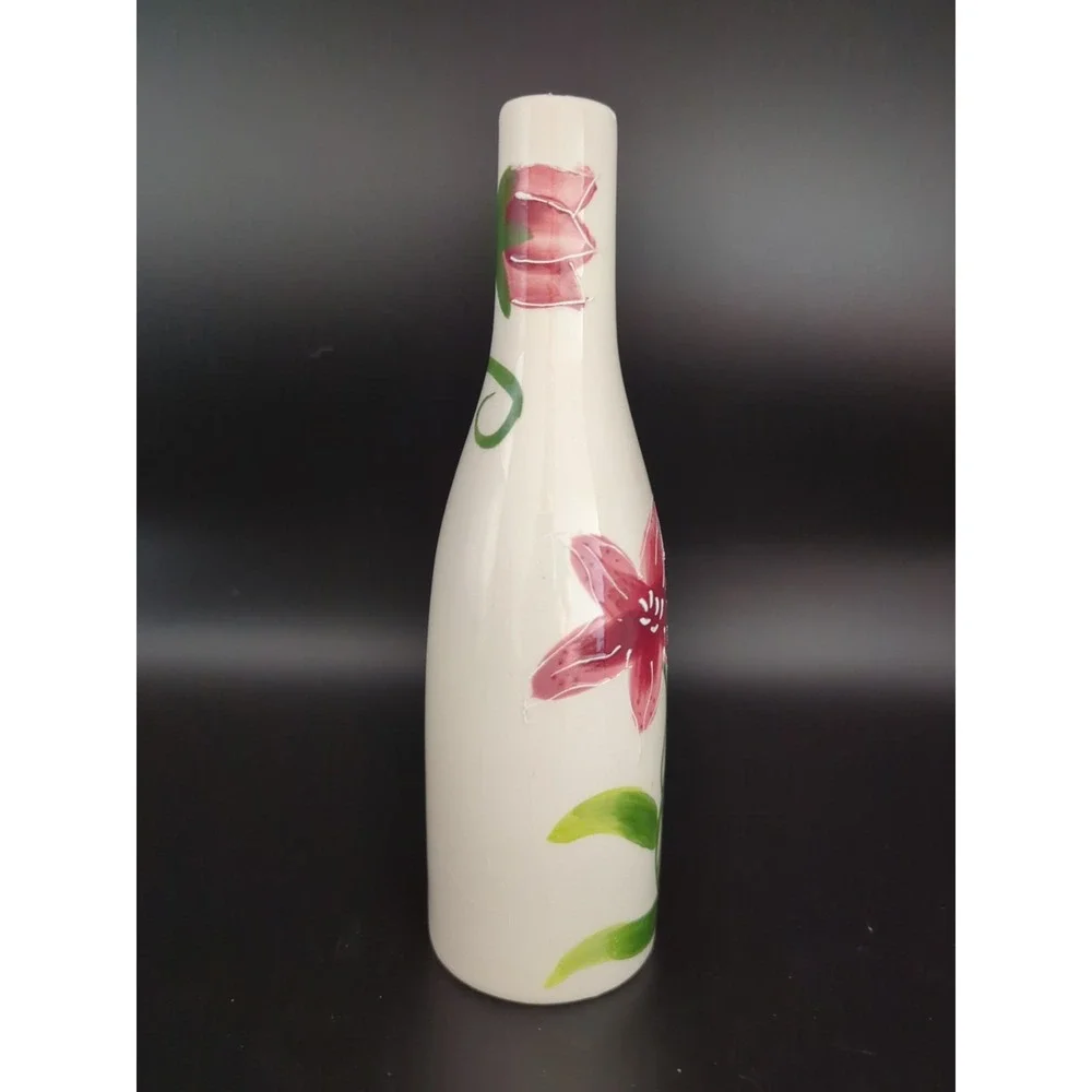 Hand Painted Porcelain Lilies Bottle Vase Handcrafted 7in Floral 1980s USA